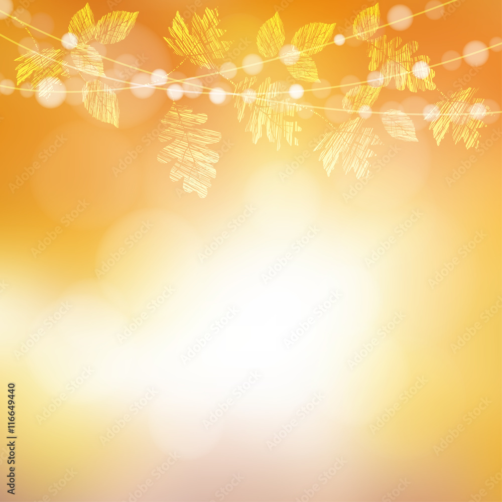 Wall mural autumn, fall background. greeting card with maple, oak leaves and bokeh lights. party string decorat