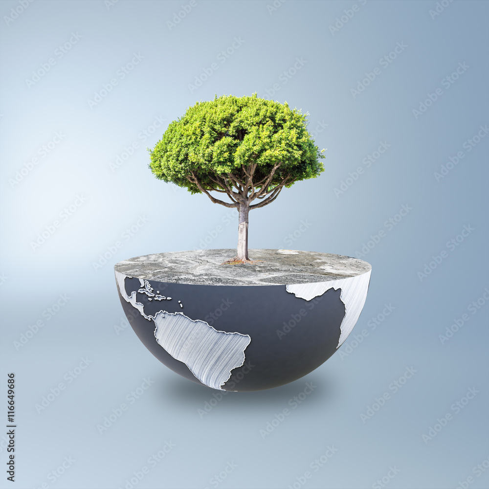 Poster globe with tree, blue background