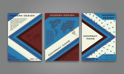 Abstract Modern Business Flyer, Brochure, Poster, Annual Report, Magazine Cover Vector Template in Blue Brown Color. Modern Material Design. Geometric Triangular Material Background. Layout A4 Size