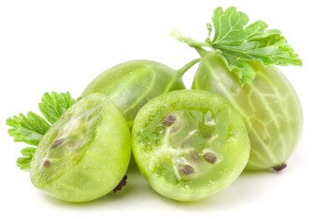 gooseberries with leaf and half isolated on white background