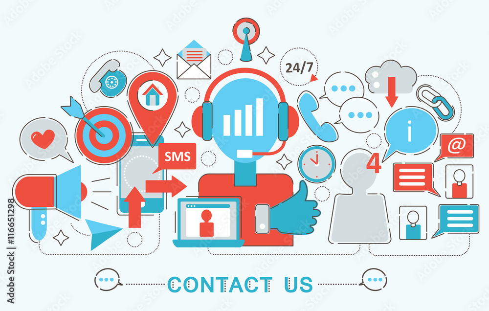 Poster modern flat thin line design contact us support concept for web banner website, presentation, flyer 