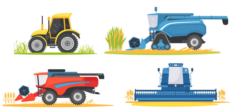 Farming Agricultural Machines And Farm Vehicles Set. Farming Machine Harvester, Combine And Tractor.