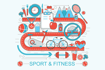 Modern Flat thin Line design healthy fitness and sport concept for web banner website, presentation, flyer and poster.