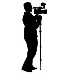 Cameraman with video camera. Silhouettes on white background. 