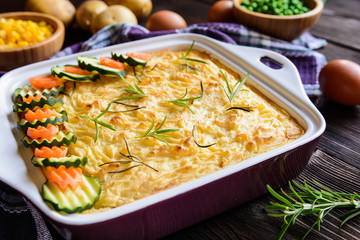 Traditional Shepherd's Pie with minced meat, mashed potatoes, pea, corn and celery 
