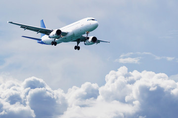 Fototapeta na wymiar Passenger airliner flies above the clouds