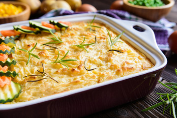 Traditional Shepherd's Pie with minced meat, mashed potatoes, pea, corn and celery 