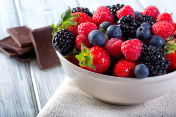 Bowl of fresh fruit. Bblackberries; raspberries; blueberries.