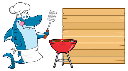 Fototapeta premium Chef Blue Shark Cartoon Mascot Character Licking His Lips And Holding A Spatula By A Barbeque With Roasted Burgers To Wooden Blank Board