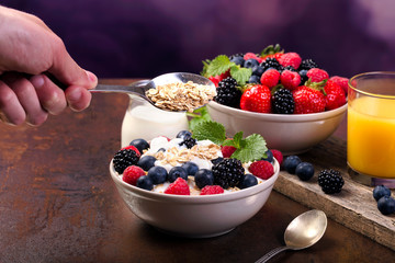 Healthy breakfast and berries with yoghurt.
