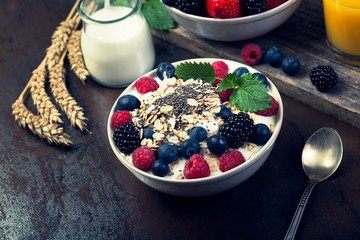 Bowl of berries with oatmeal and chia