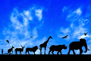 Silhouettes of animals on blue cloudy sky background