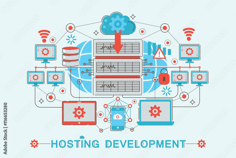 Poster modern graphic flat line design style infographics concept of hosting development with icons, for we