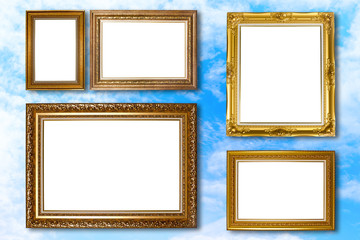 Set of picture frame. Photo art gallery on blue sky background.