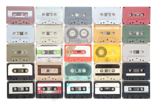Cassette tapes / Set of retro cassette tapes on white background. Top view. Flat lay.