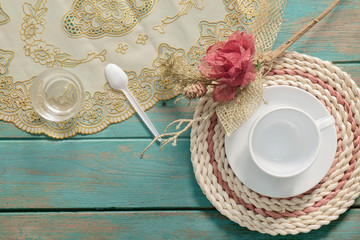 Coffee cup / Coffee cup on old wood background. Top view. Flat lay.