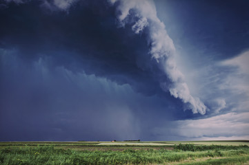 Storm Clouds over planted fields in Vojvodina, Serbia, copyspace included 