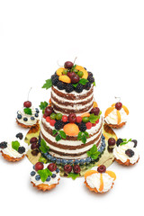 striped berry cake on white background