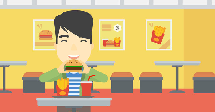 Man eating hamburger vector illustration.