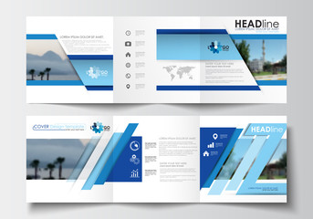 Business templates for tri-fold brochures, square design, annual report. Leaflet cover, easy editable blank, abstract blue layout, vector illustration