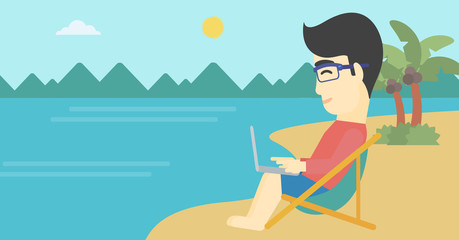 Businessman working on laptop on the beach.