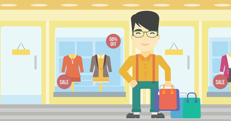 Happy man with shopping bags vector illustration.