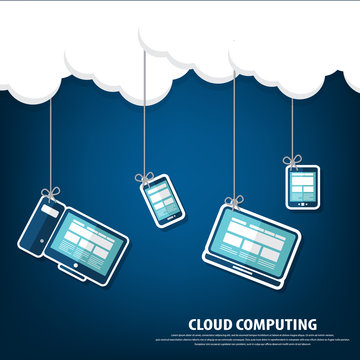 Cloud computing - Devices connected to the "cloud". Vector. All elements (background,devices, text ) are in separate layers. Fully editable.