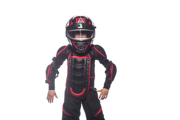 Race car or bike driver. The boy in the costume of the racer isolated on white background