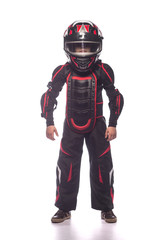 Race car or bike driver. The boy in the costume of the racer isolated on white background