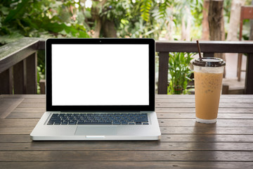 Laptop and coffee, outdoor office