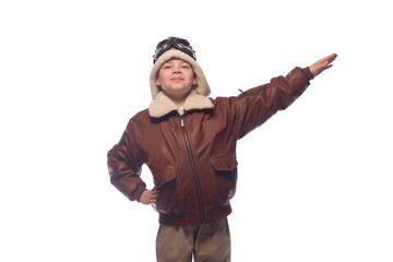 the boy is an aviator in the jacket of the pilot and in old glasses