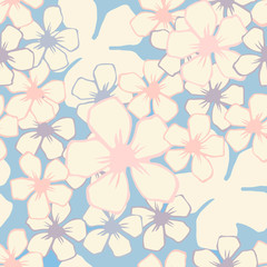 Fototapeta na wymiar Cherry blossom flowers seamless vector pattern on blue background.