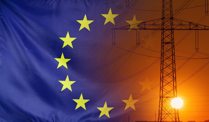 Energy Concept Europe Flag with sunset power pole