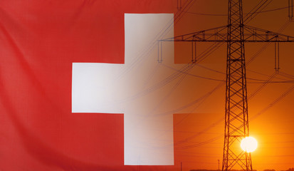 Energy Concept Switzerland Flag with sunset power pole