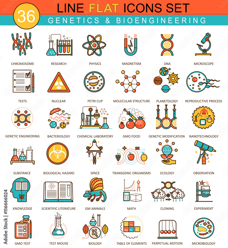 Aufkleber vector genetics and biochemistry technology flat line icon set. modern elegant style design for web.