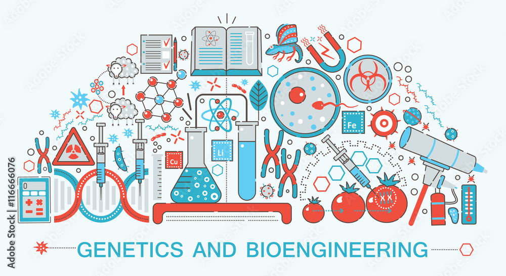 Poster modern flat thin line design biology, genetics and bioengineering technology science concept for web
