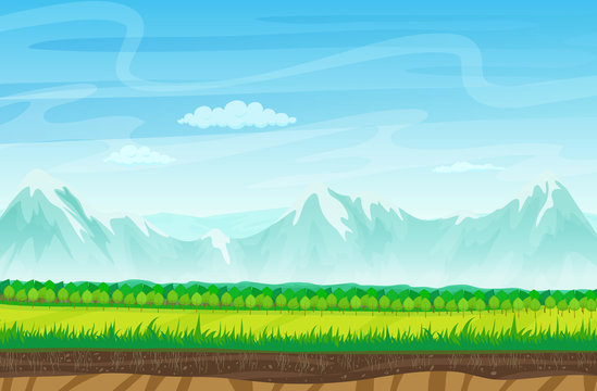 Seamless cartoon landscape with rocks, mountains and grass. Landscape for game.