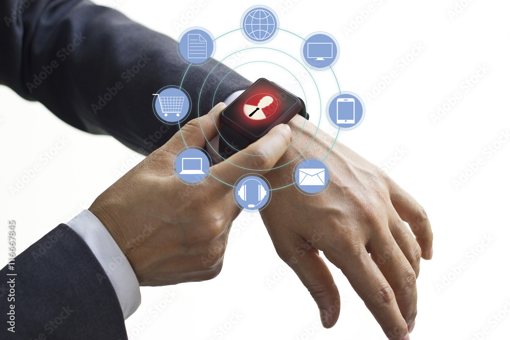 Poster hands touch icon customer network connection on smart watch, omnichannel