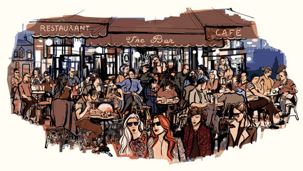 Clients au café parisien extérieur traditionnel