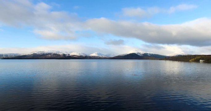 Aerial: Loch Tay in the Scottish Highlands during a clear winters day with snow on Ben Lawers, Scotland
