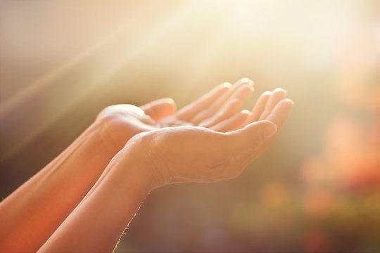 Human hands respecting and praying on nature background