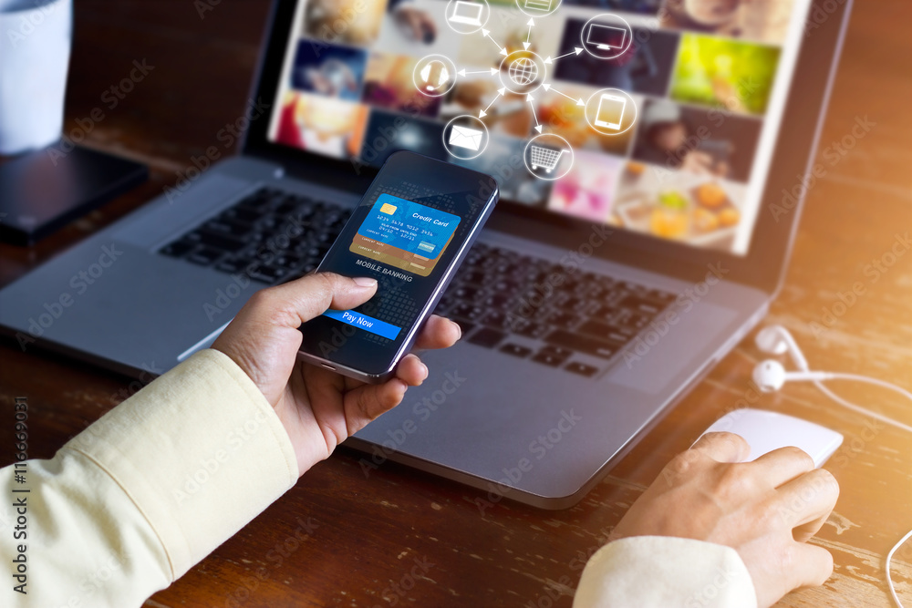 Aufkleber Man using mobile payments online shopping and icon customer network
