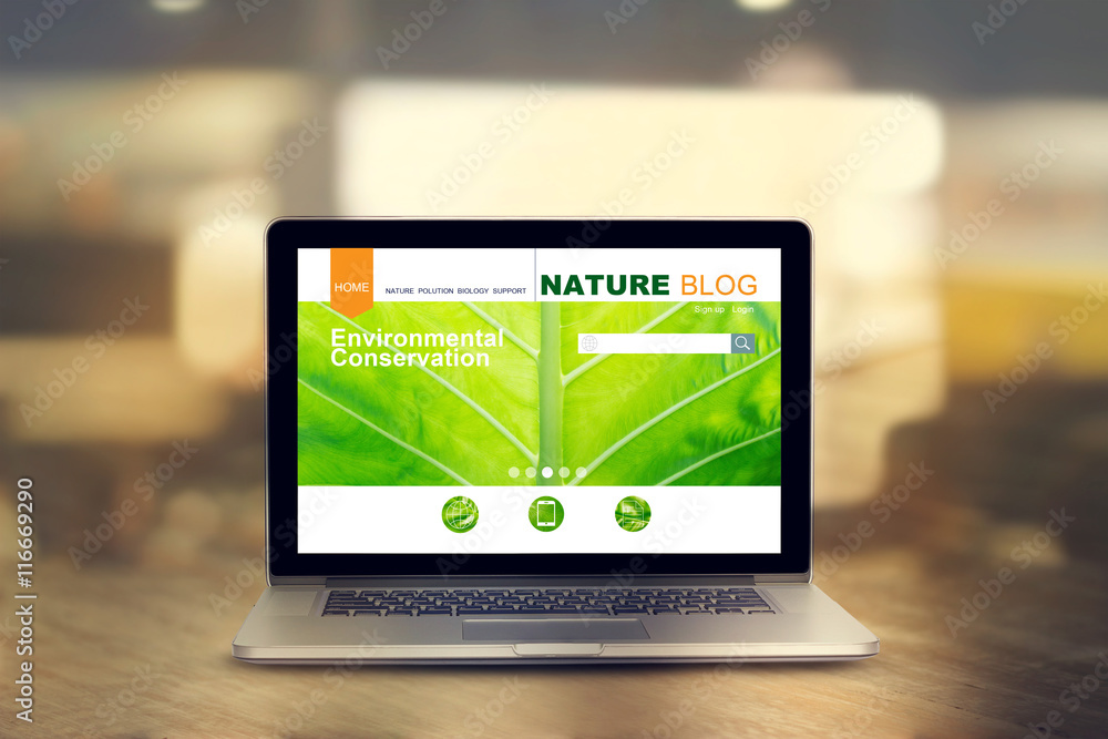 Wall mural laptop with nature website on the screen in room background, all are designed up