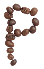 Isolated Alphabet; P make from coffee bean on white background