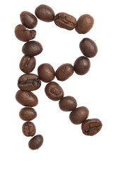 Isolated Alphabet; R make from coffee bean on white background