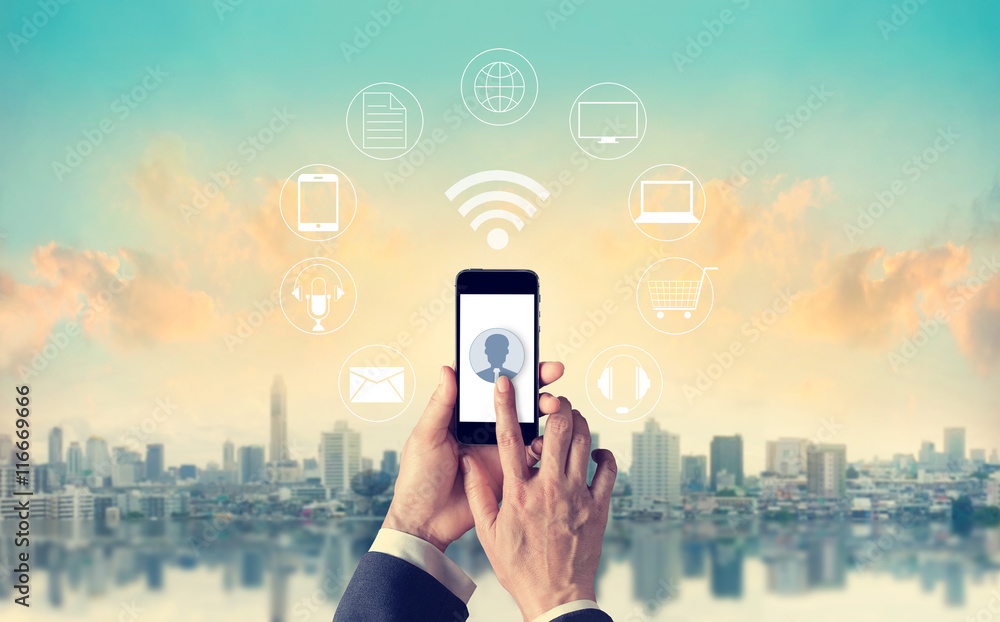Poster man using mobile payments, holding circle global and icon customer