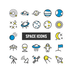 Collection of outline space icons. Linear icons for web, mobile apps, print design