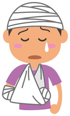 腕にギプス、頭に包帯をしている男性のイメージイラスト