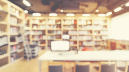 Blurred abstract interior background. blur library room  for your design - vintage color style