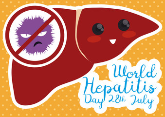 Cute Liver in Flat Style Saying NO to Hepatitis Virus, Vector Illustration